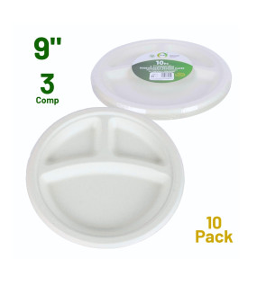 10pc 9" 3 Compartment Biodegradable Bagasse Plates 10pc 9" 3 Compartment Biodegradable Bagasse Plates