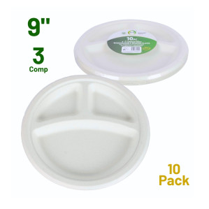 10pc 9" 3 Compartment Biodegradable Bagasse Plates 10pc 9" 3 Compartment Biodegradable Bagasse Plates