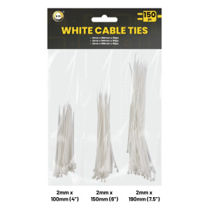 150Pk 2mm White Cable Ties - Assorted Lengths 150Pk 2mm White Cable Ties - Assorted Lengths
