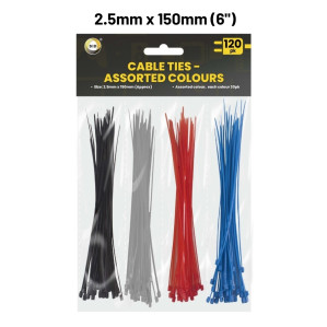 120Pk 150mm x 2.5mm Cable Ties - Assorted Colours 120Pk 150mm x 2.5mm Cable Ties - Assorted Colours