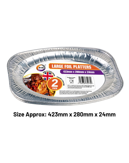 2pc Large Foil Platters (Approx 425mm x 285mm x 25mm) 2pc Large Foil Platters (Approx 425mm x 285mm x 25mm)
