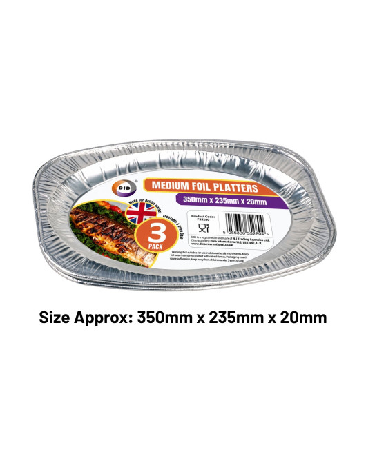 3pc Medium Foil Platters (Approx 350mm x 235mm x 25mm) 3pc Medium Foil Platters (Approx 350mm x 235mm x 25mm)