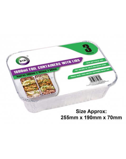 3pc 1800ml Foil Containers with Lids (Approx 255mm x 190mm x 70mm)