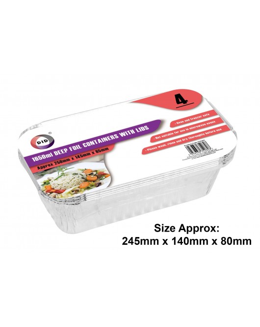 4pc 1650ml Deep Foil Containers with Lids (Approx 245mm x 140mm x 80mm)