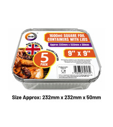 5pc 1600ml 9" x 9" Square Foil Containers with Lids (Approx 230mm x 230mm x 50mm)