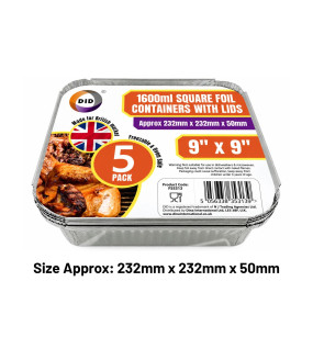 5pc 1600ml 9" x 9" Square Foil Containers with Lids (Approx 230mm x 230mm x 50mm)