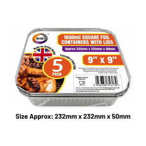 5pc 1600ml 9" x 9" Square Foil Containers with Lids (Approx 230mm x 230mm x 50mm)