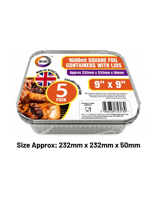 5pc 1600ml 9" x 9" Square Foil Containers with Lids (Approx 230mm x 230mm x 50mm) 5pc 1600ml 9" x 9" Square Foil Containers with Lids (Approx 230mm x 230mm x 50mm)