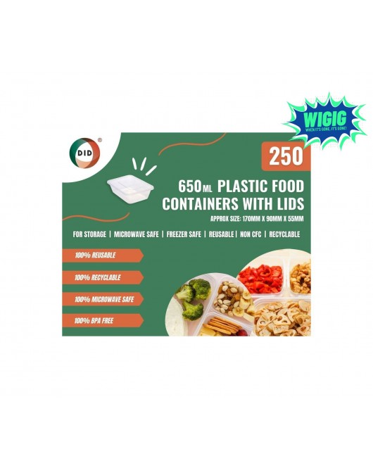 250pc 650ml Plastic Food Containers with Lids