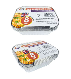 8pc Foil Containers & Lids (Approx 145mm x 120mm x 45mm)