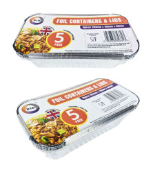 5pc Foil Containers & Lids (Approx 200mm x 110mm x 50mm)