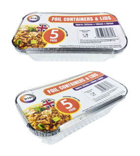 5pc Foil Containers & Lids (Approx 200mm x 110mm x 50mm)