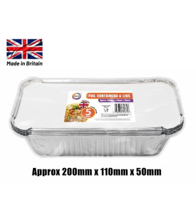 5pc Foil Containers & Lids (Approx 200mm x 110mm x 50mm) 5pc Foil Containers & Lids (Approx 200mm x 110mm x 50mm)
