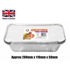 5pc Foil Containers & Lids (Approx 200mm x 110mm x 50mm) 5pc Foil Containers & Lids (Approx 200mm x 110mm x 50mm)
