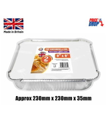 2pc 9" x 9" Foil Containers & Lids (Approx 230mm x 230mm x 35mm)
