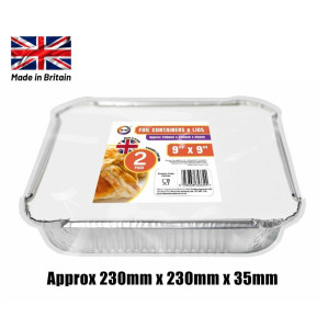2pc 9" x 9" Foil Containers & Lids (Approx 230mm x 230mm x 35mm) 2pc 9" x 9" Foil Containers & Lids (Approx 230mm x 230mm x 35mm)