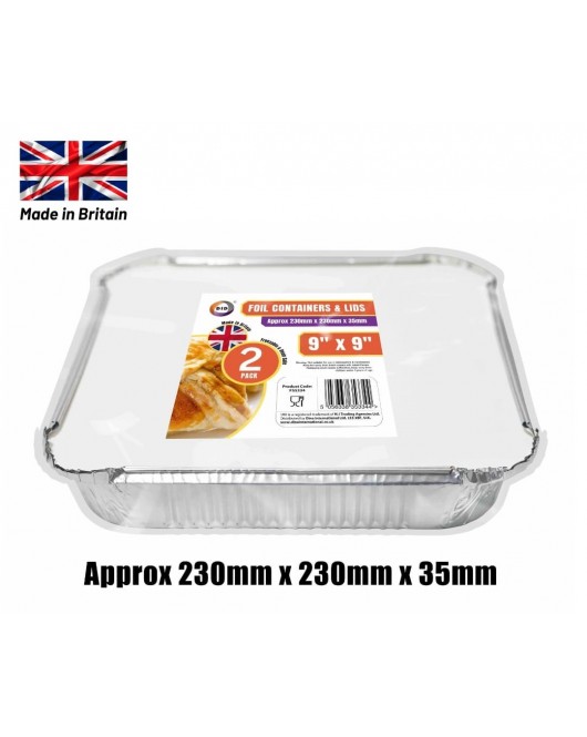 2pc 9" x 9" Foil Containers & Lids (Approx 230mm x 230mm x 35mm)