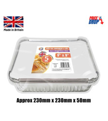 5pc 9" x 9" Deep Foil Containers & Lids (Approx 230mm x 230mm x 50mm)