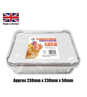 5pc 9" x 9" Deep Foil Containers & Lids (Approx 230mm x 230mm x 50mm) 5pc 9" x 9" Deep Foil Containers & Lids (Approx 230mm x 230mm x 50mm)