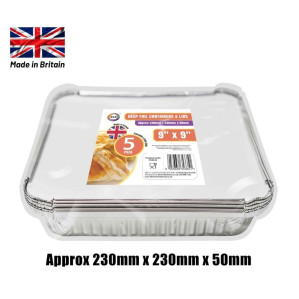 5pc 9" x 9" Deep Foil Containers & Lids (Approx 230mm x 230mm x 50mm) 5pc 9" x 9" Deep Foil Containers & Lids (Approx 230mm x 230mm x 50mm)