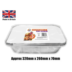 5pc Deep Foil Roasting Containers & Lids (Approx 320mm x 260mm x 70mm) 5pc Deep Foil Roasting Containers & Lids (Approx 320mm x 260mm x 70mm)
