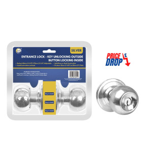 Silver Entrance Lock - Key Unlocking Outside Button Locking Inside Silver Entrance Lock - Key Unlocking Outside Button Locking Inside
