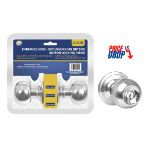 Silver Entrance Lock - Key Unlocking Outside Button Locking Inside Silver Entrance Lock - Key Unlocking Outside Button Locking Inside