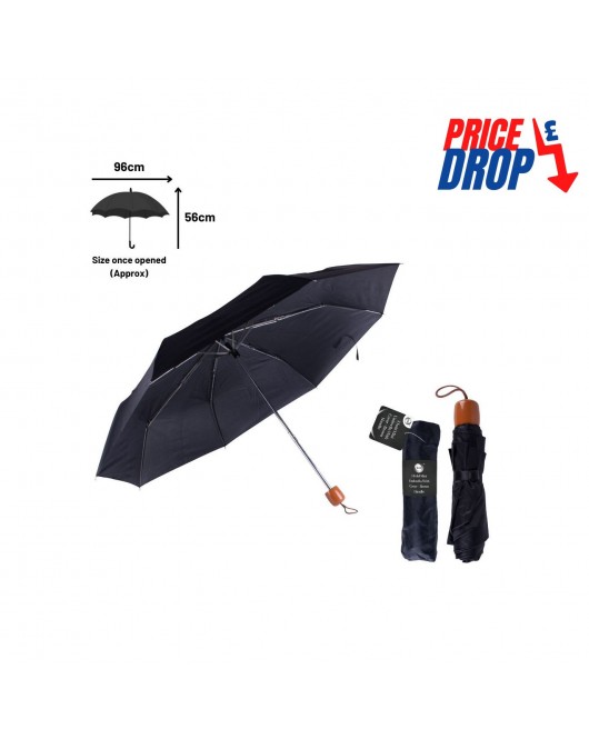 3 Fold Mini Umbrella with Cover - Brown Handle