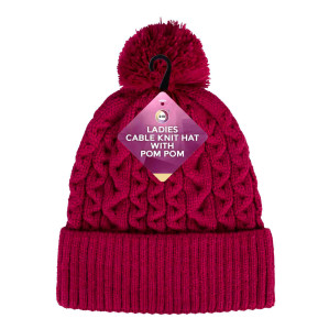 Ladies Cable Knit Hat with Pom Pom