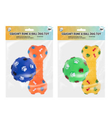 2Pk Squeaky Bone & Ball Dog Toy