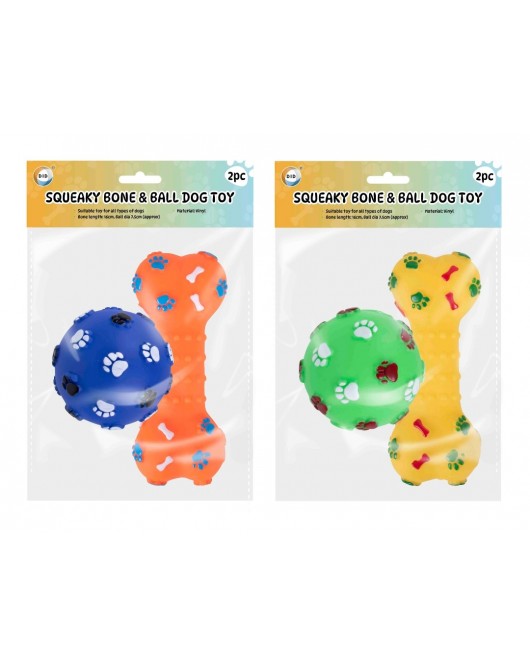 2Pk Squeaky Bone & Ball Dog Toy