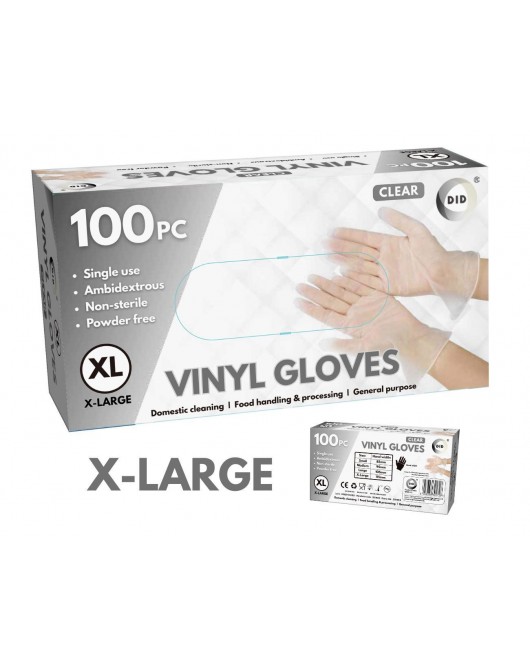 100pc x-Large Powder Free Clear Vinyl Gloves