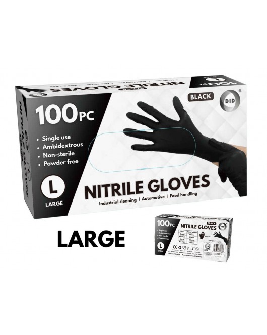 100pc Large Powder Free Black Nitrile Gloves