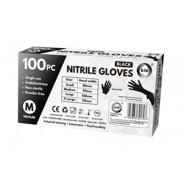 100pc Medium Powder Free Black Nitrile Gloves