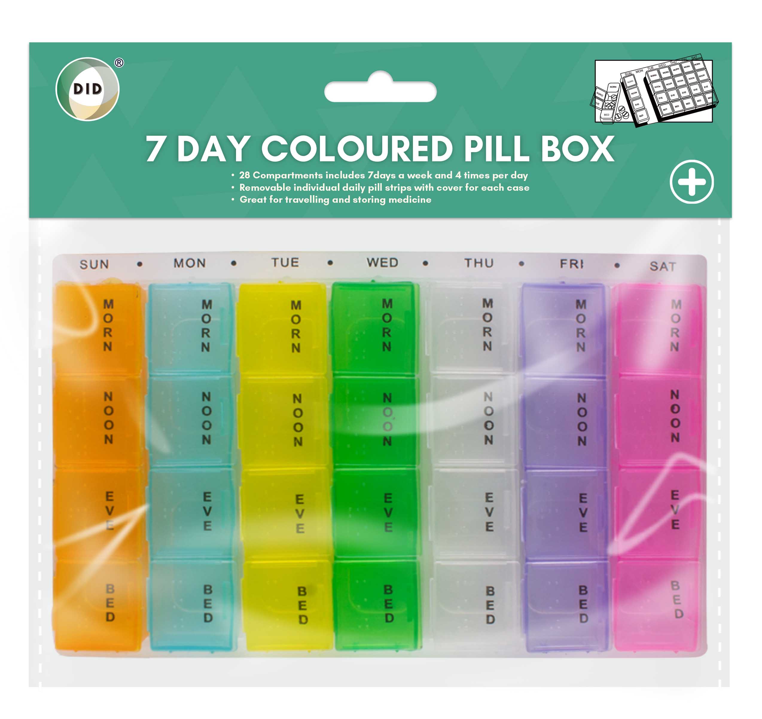 Coloured weekly pill box