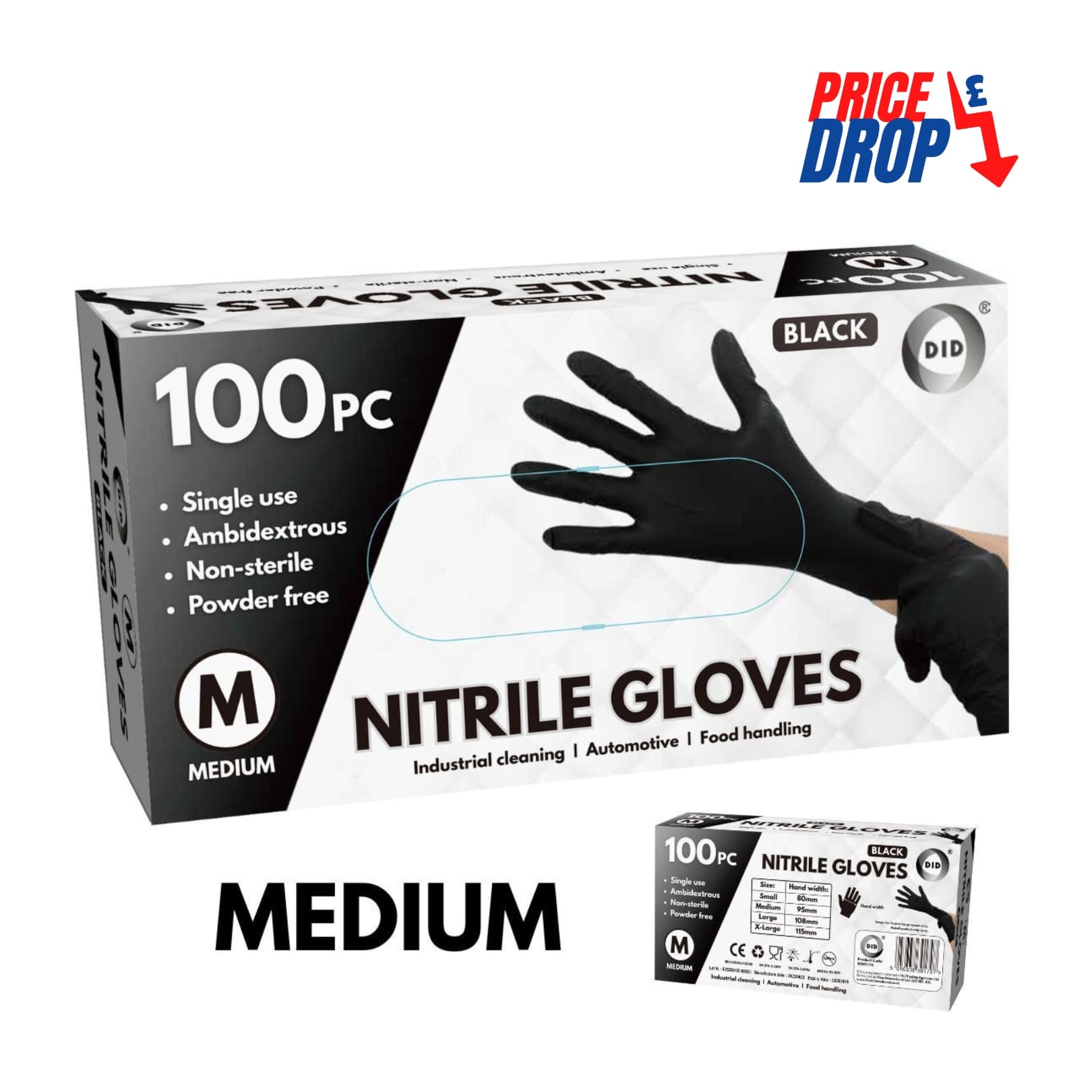 100pc Medium Powder Free Black Nitrile Gloves