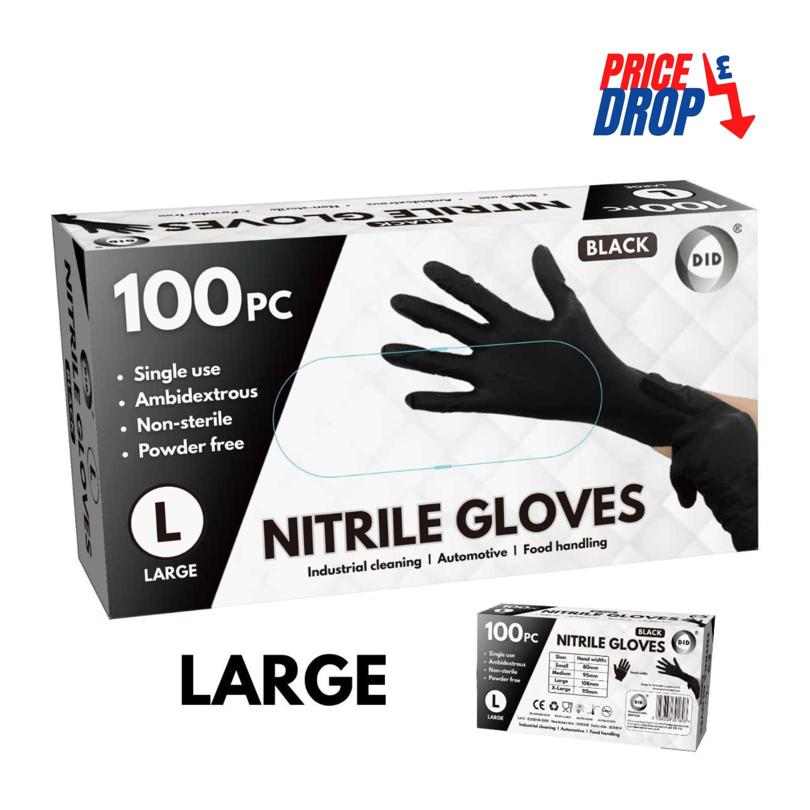 100pc Large Powder Free Black Nitrile Gloves